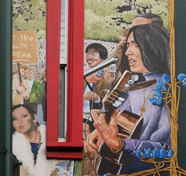 (L to R) Portion of Haight-Ashbury Mural in San Francisco by artist Bill Weber of Margarita 'Rita' Chan, Ben Fong-Torres, Joan Baez (L to R) Portion of Haight-Ashbury Mural in San Francisco by artist Bill Weber of Margarita 'Rita' Chan, Ben Fong-Torres, Joan Baez